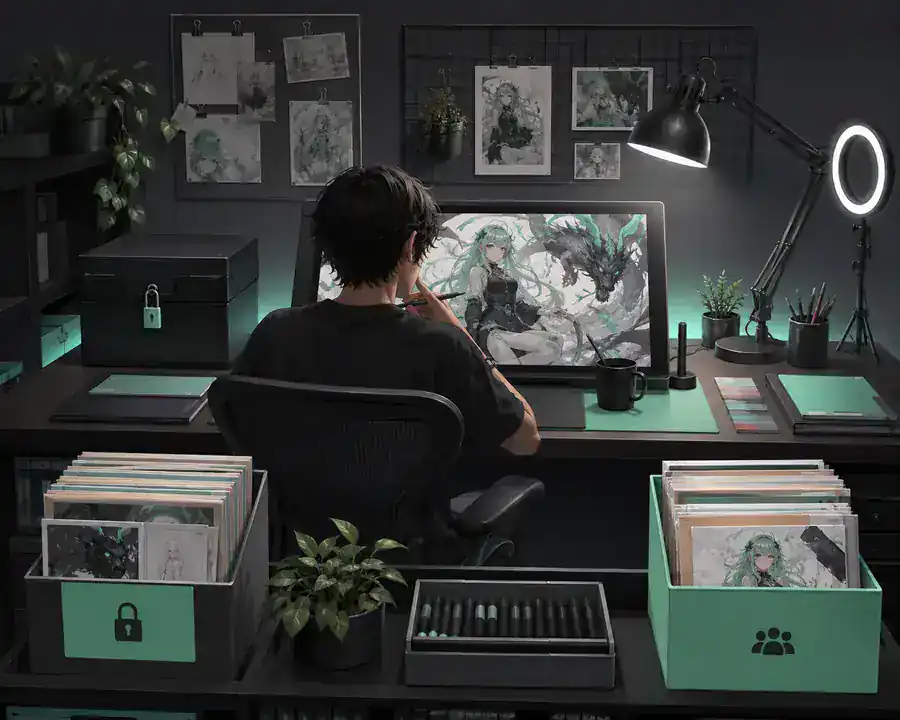 Illustration representing a considered online creative workflow