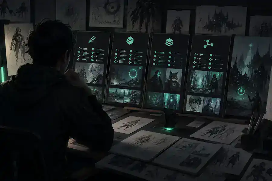 Anime creator comparing different AI platform workflows